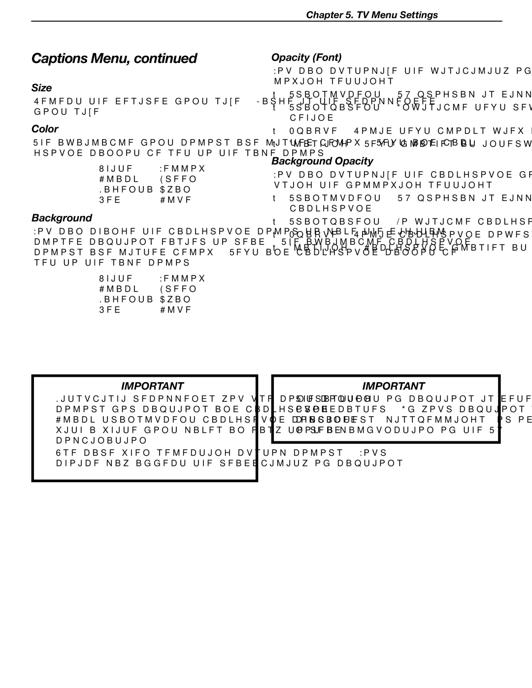 Mitsubishi Electronics LT-46231, LT-37132 manual Size, Color, Opacity Font, Background Opacity 