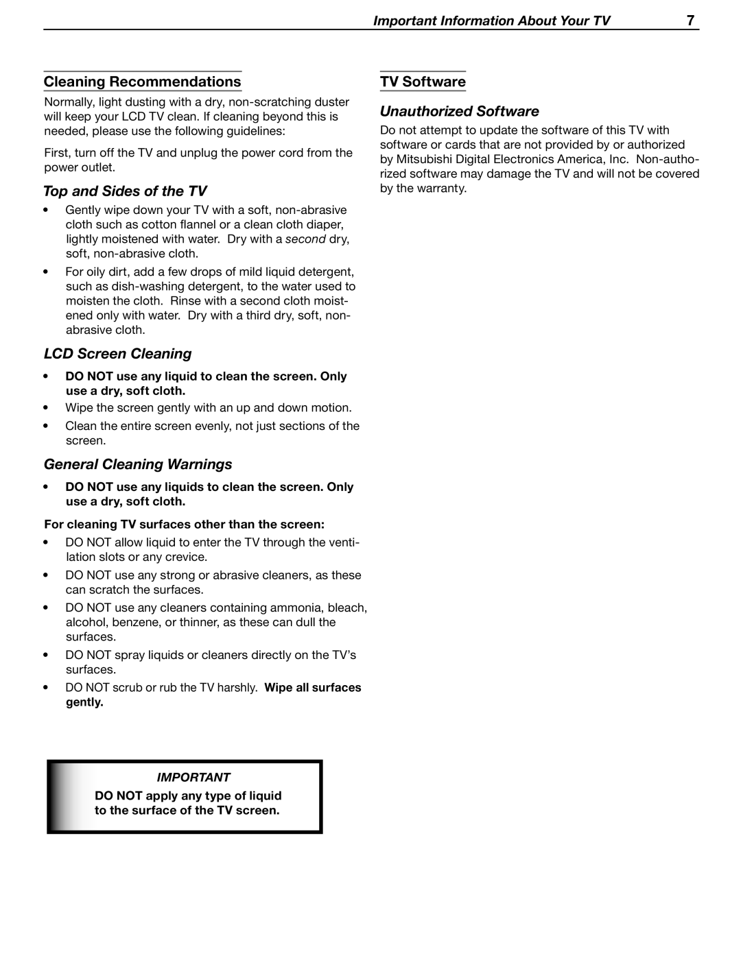 Mitsubishi Electronics LT-46231, LT-37132 manual Top and Sides of the TV, LCD Screen Cleaning, General Cleaning Warnings 