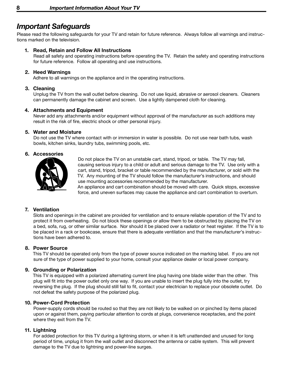 Mitsubishi Electronics LT-37132, LT-46231 manual Important Safeguards, Read, Retain and Follow All Instructions 