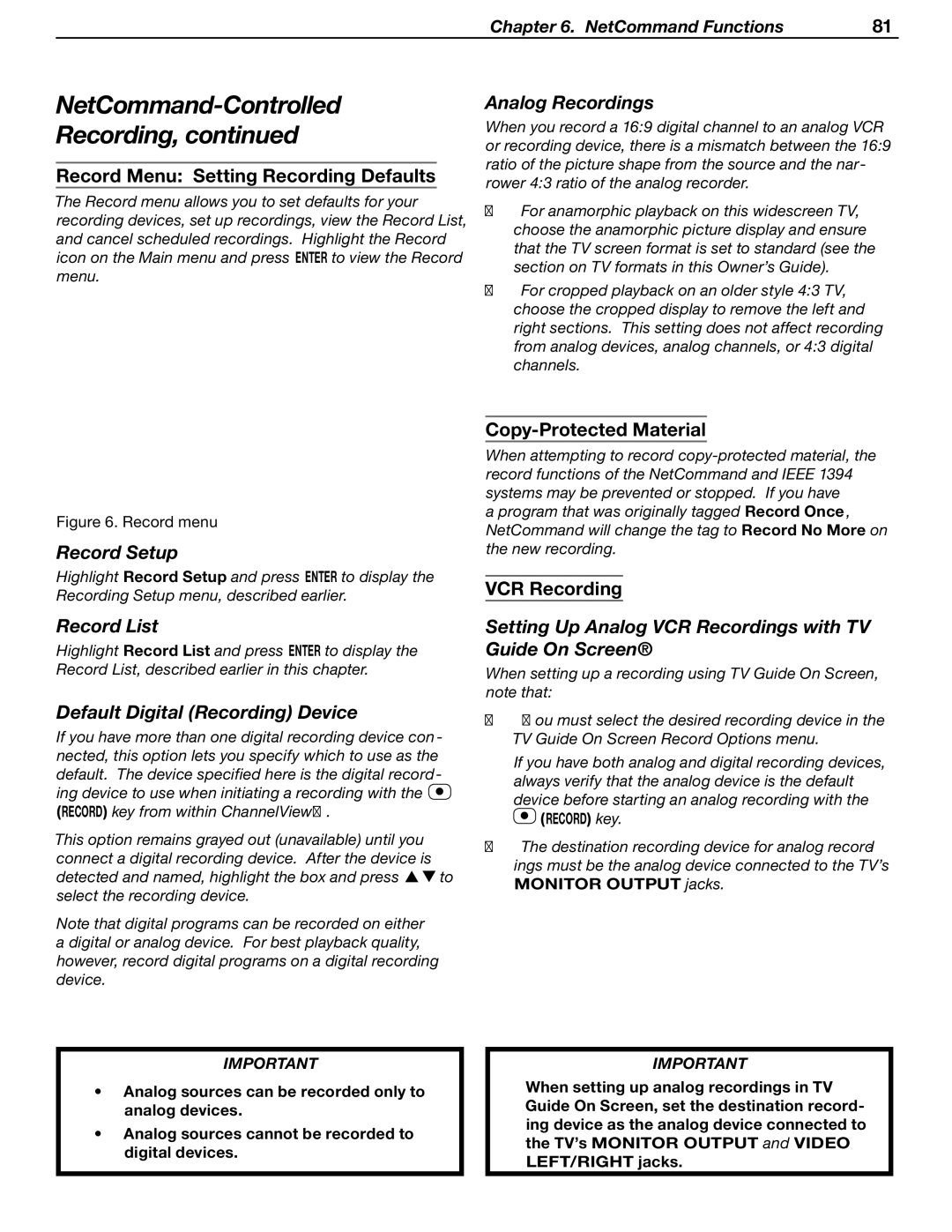 Mitsubishi Electronics LT-46231, LT-37132 Record Setup, Record List, Default Digital Recording Device, Analog Recordings 