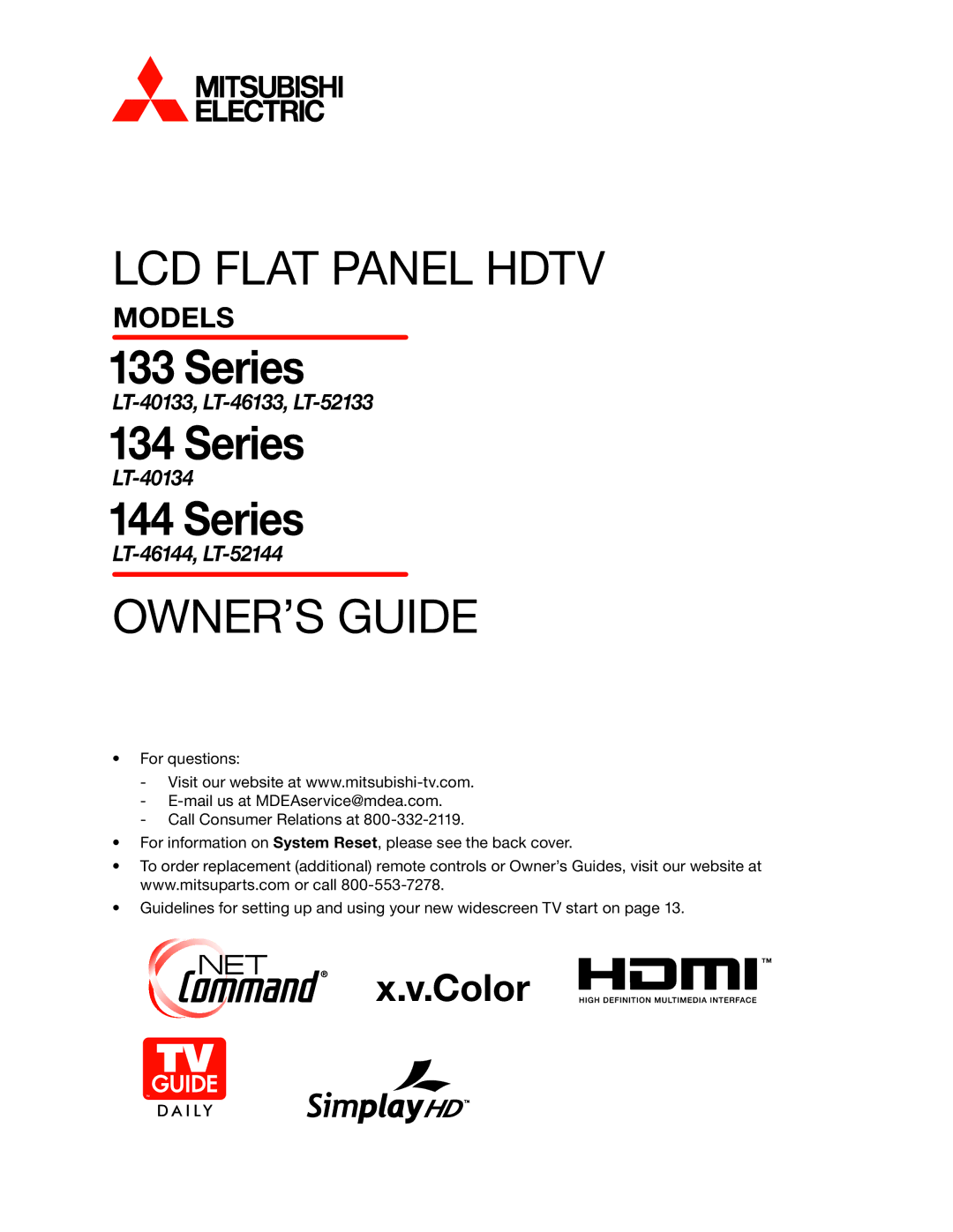 Mitsubishi Electronics manual LT-40133, LT-46133, LT-52133, LT-40134, LT-46144, LT-52144 