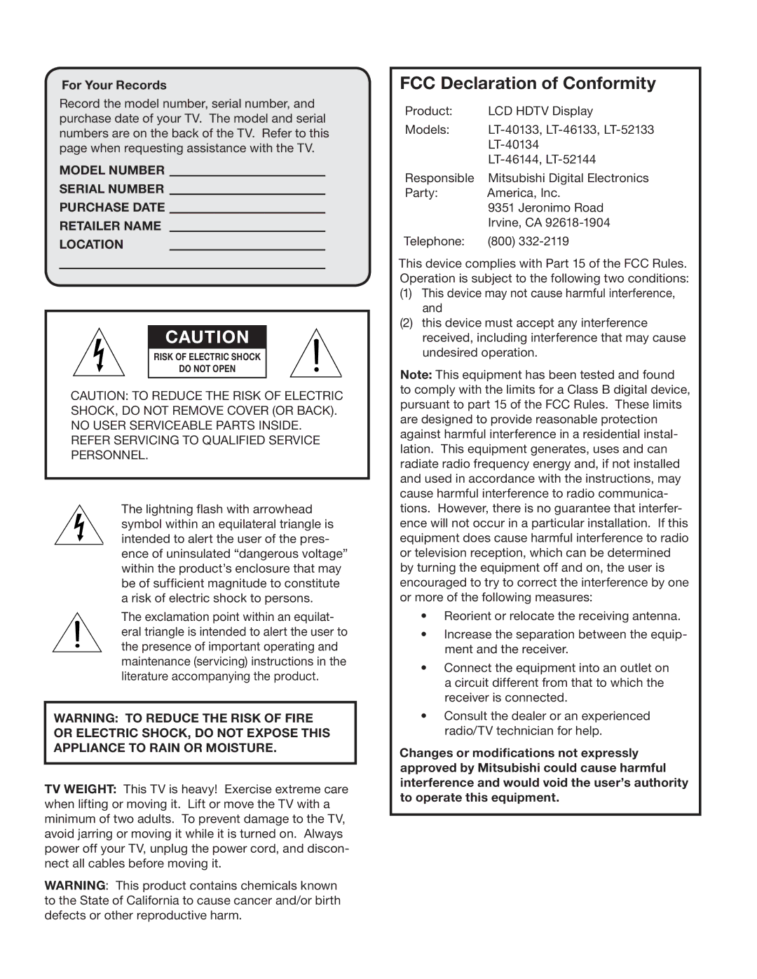 Mitsubishi Electronics LT-40133 manual For Your Records, Refer Servicing to Qualified Service Personnel 