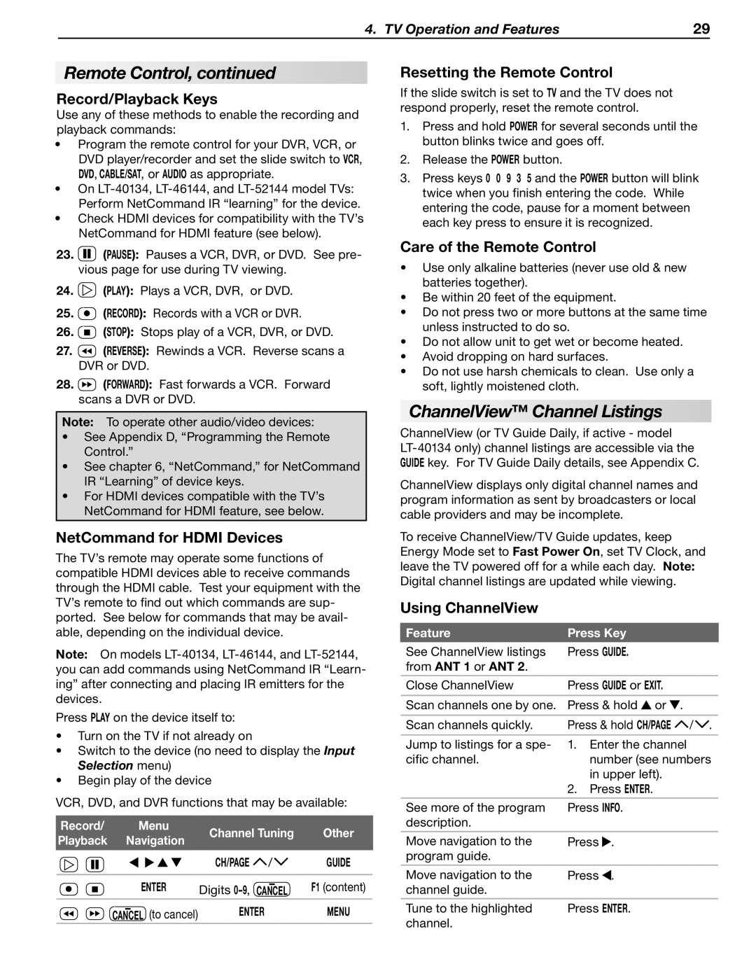 Mitsubishi Electronics LT-40133 manual ChannelView Channel Listings 