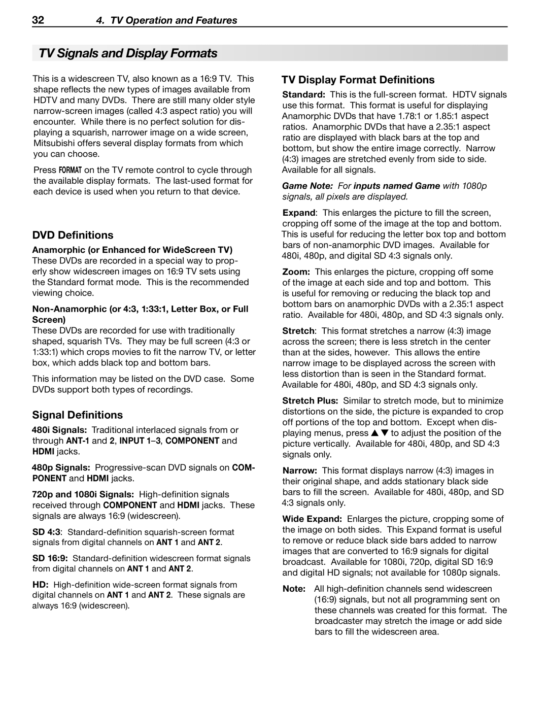 Mitsubishi Electronics LT-40133 manual TV Signals and Display Formats, DVD Definitions, Signal Definitions 