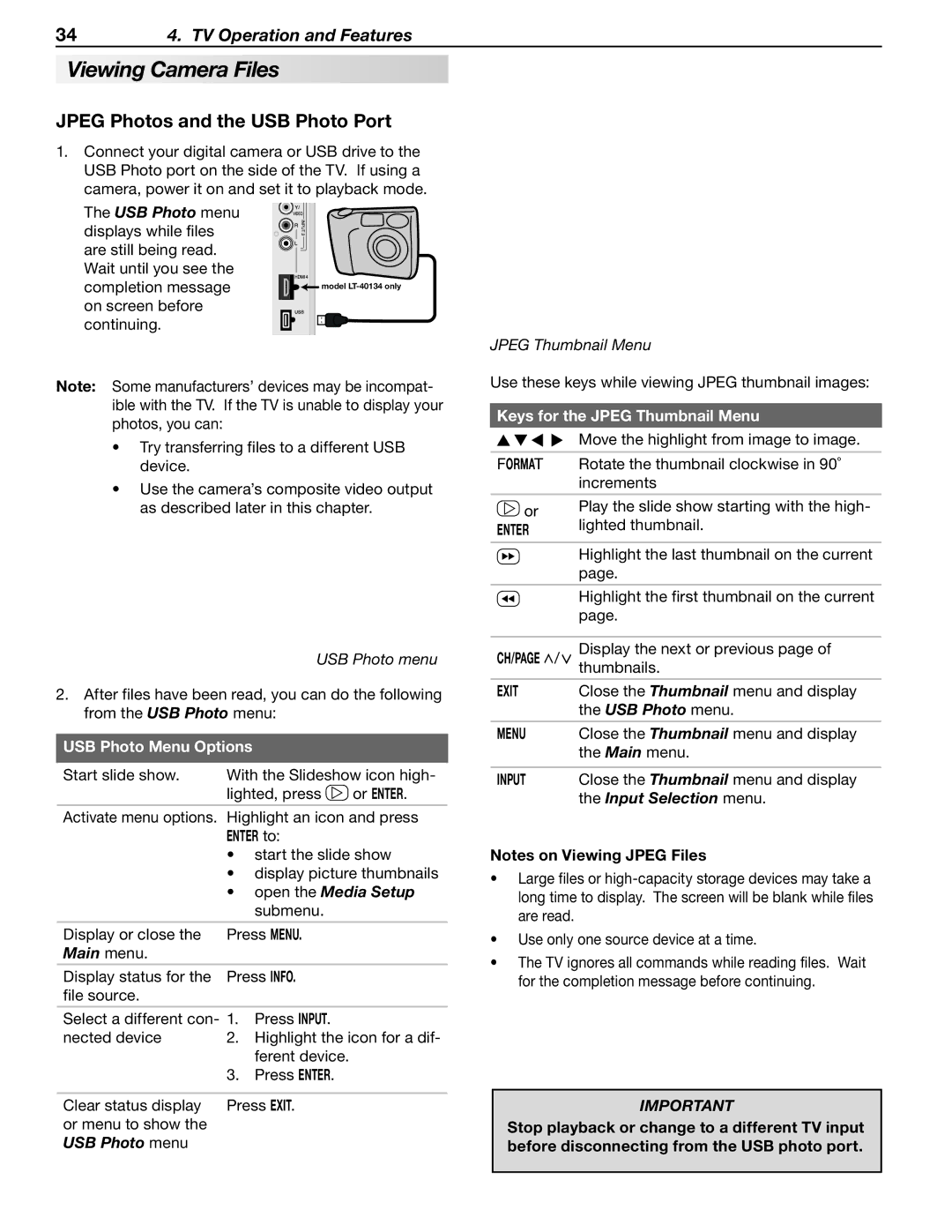 Mitsubishi Electronics LT-40133 manual Viewing Camera Files, Jpeg Photos and the USB Photo Port 