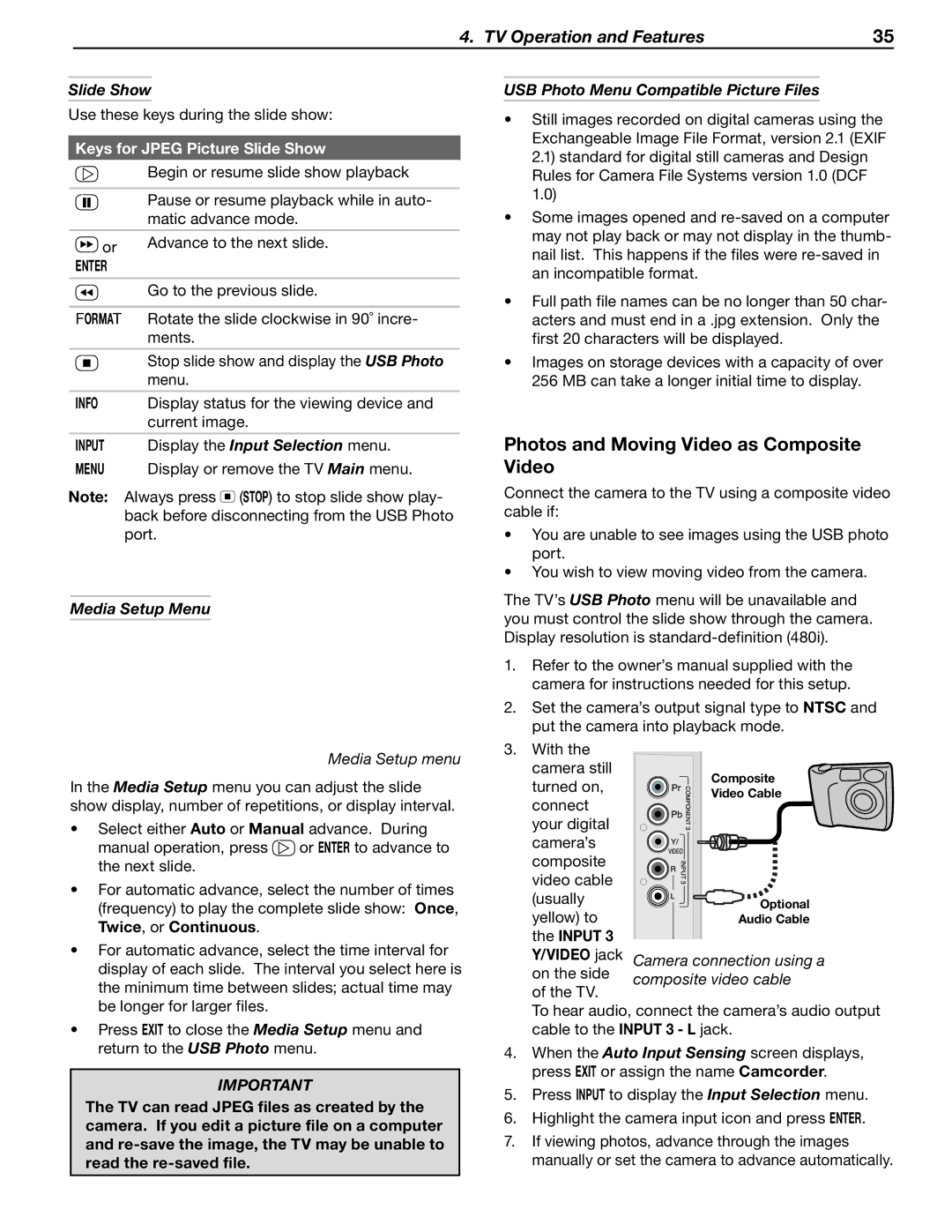 Mitsubishi Electronics LT-40133 manual Photos and Moving Video as Composite Video, Keys for Jpeg Picture Slide Show 