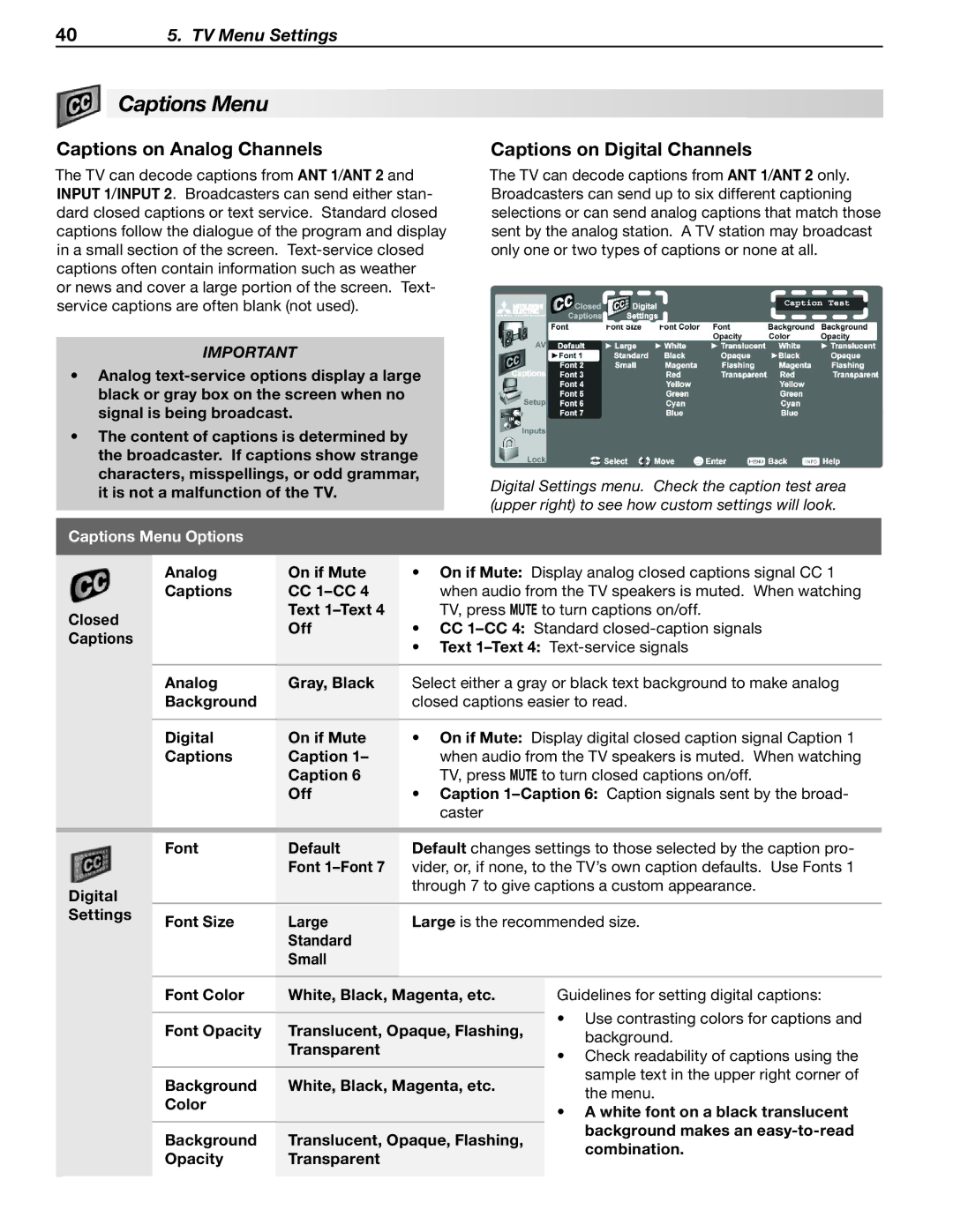 Mitsubishi Electronics LT-40133 manual Captions Menu, Captions on Analog Channels, Captions on Digital Channels 