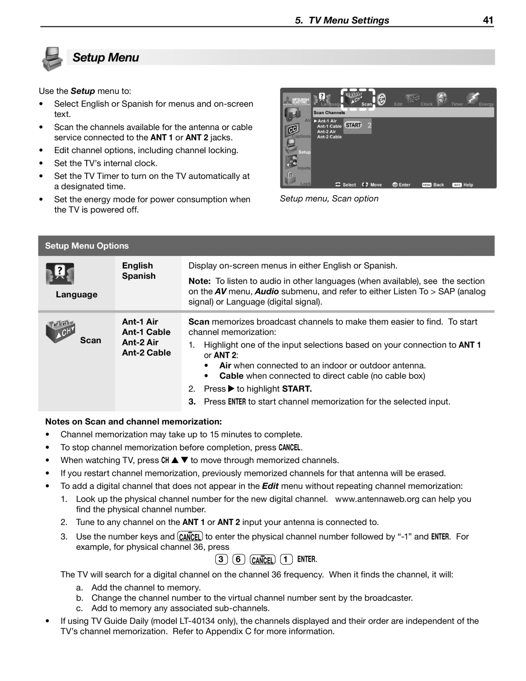 Mitsubishi Electronics LT-40133 manual Setup Menu Options 