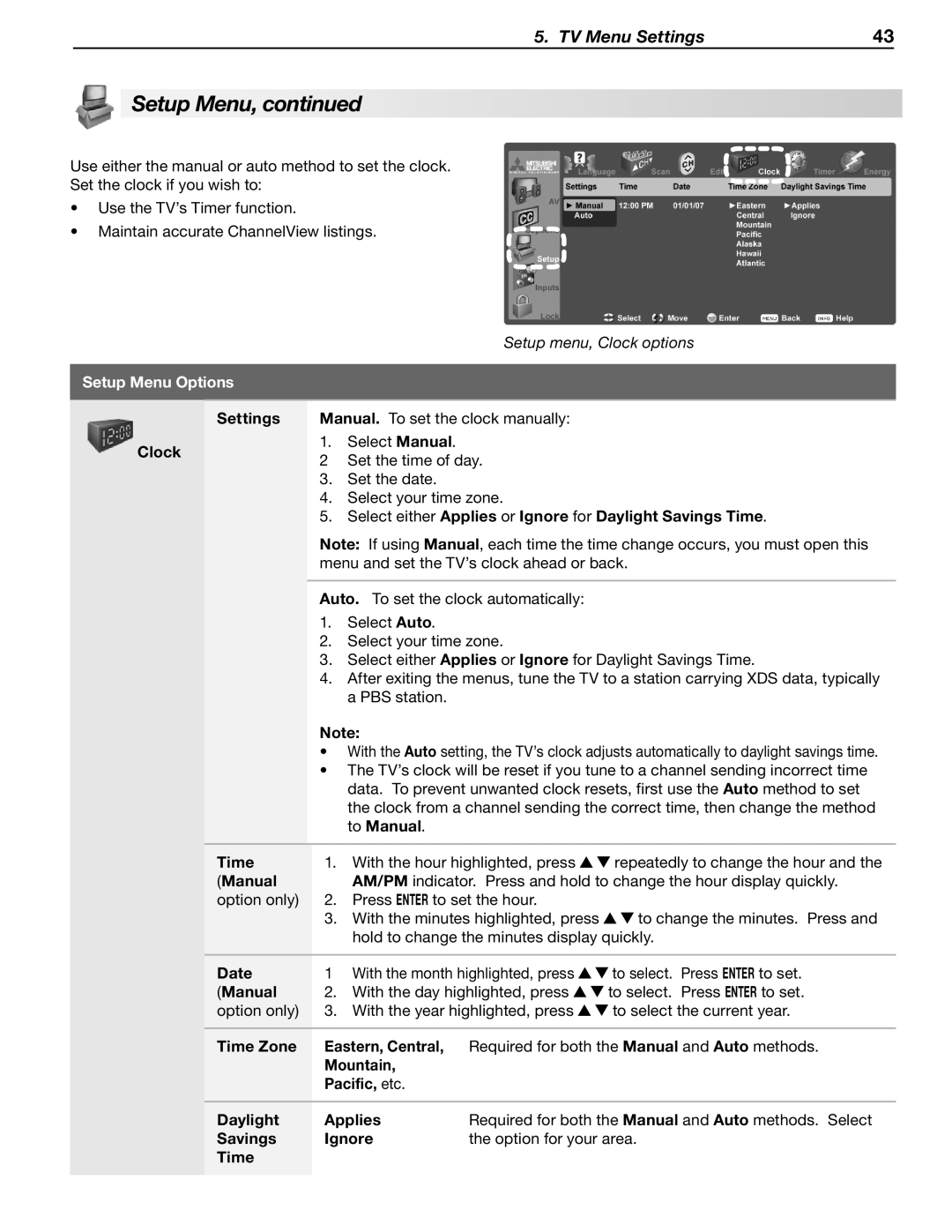 Mitsubishi Electronics LT-40133 manual Settings, Clock, Select either Applies or Ignore for Daylight Savings Time 