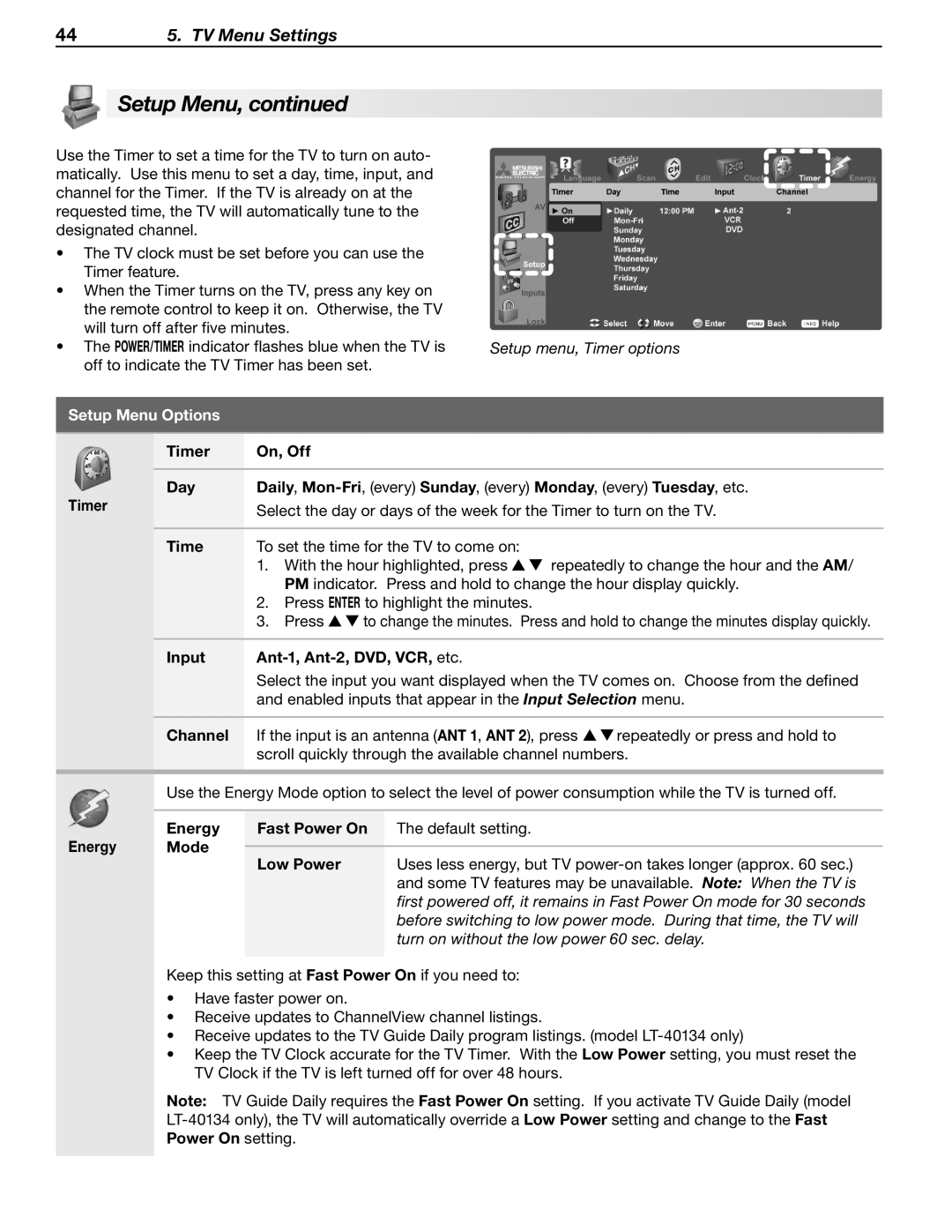 Mitsubishi Electronics LT-40133 manual Timer On, Off Day, Energy Fast Power On, Mode Low Power 