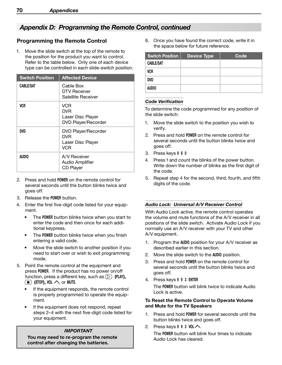 Mitsubishi Electronics LT-40133 manual Programming the Remote Control, Code Verification 