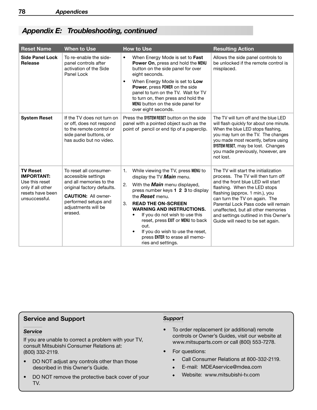 Mitsubishi Electronics LT-40133 manual Service and Support 