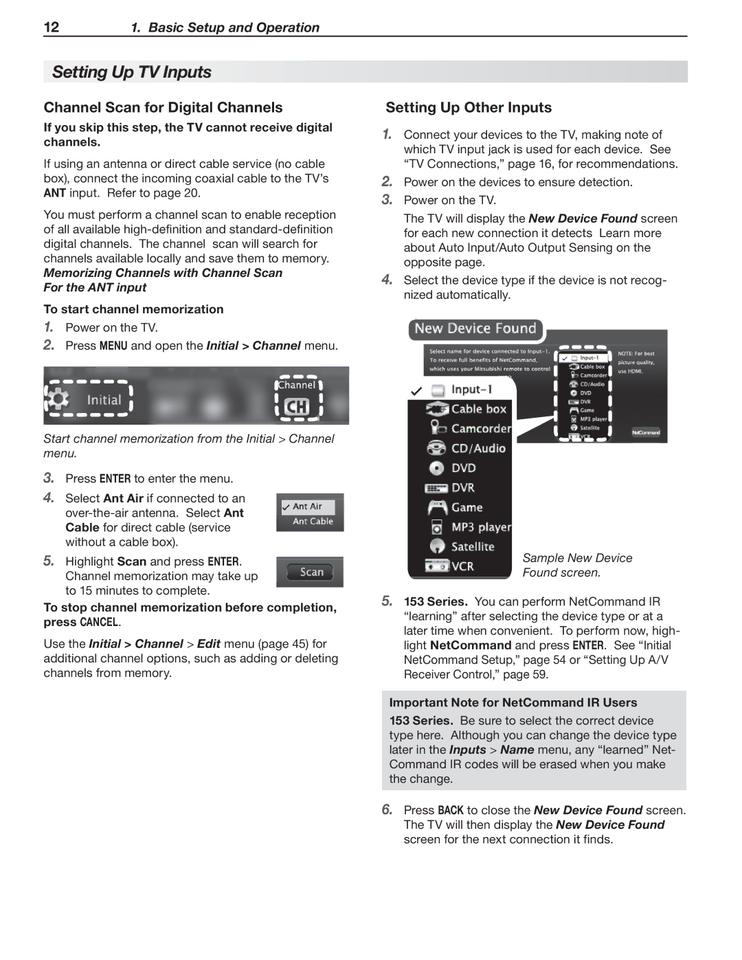 Mitsubishi Electronics LT-40153, LT-46151 Setting Up TV Inputs, Channel Scan for Digital Channels, Setting Up Other Inputs 