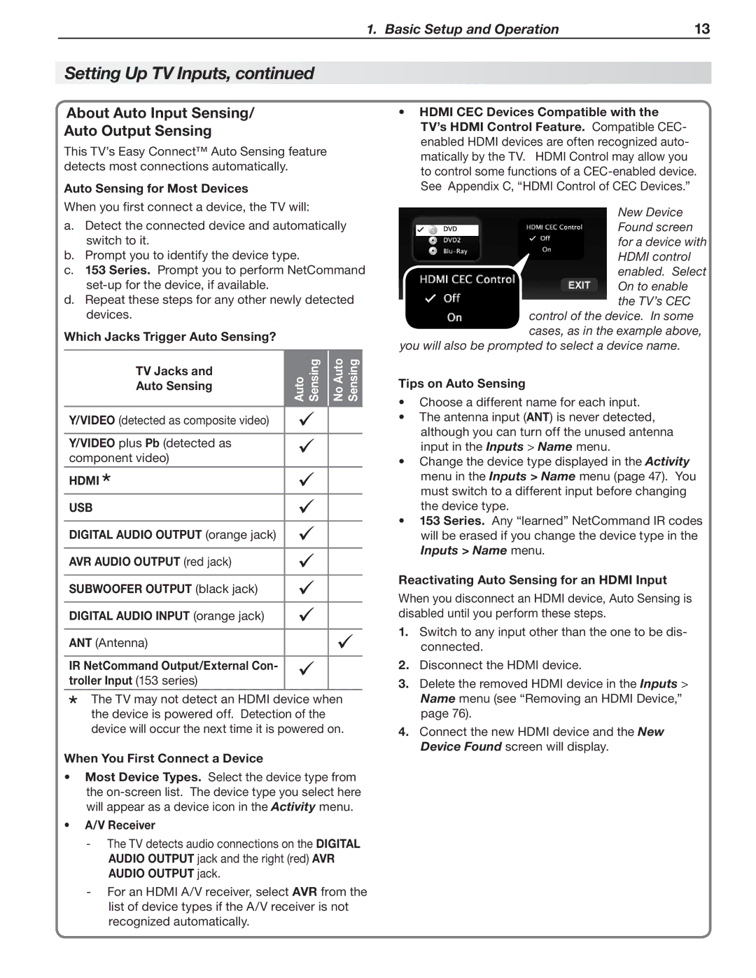 Mitsubishi Electronics LT-46151, LT-40153 manual About Auto Input Sensing Auto Output Sensing, Hdmi USB, Inputs Name menu 