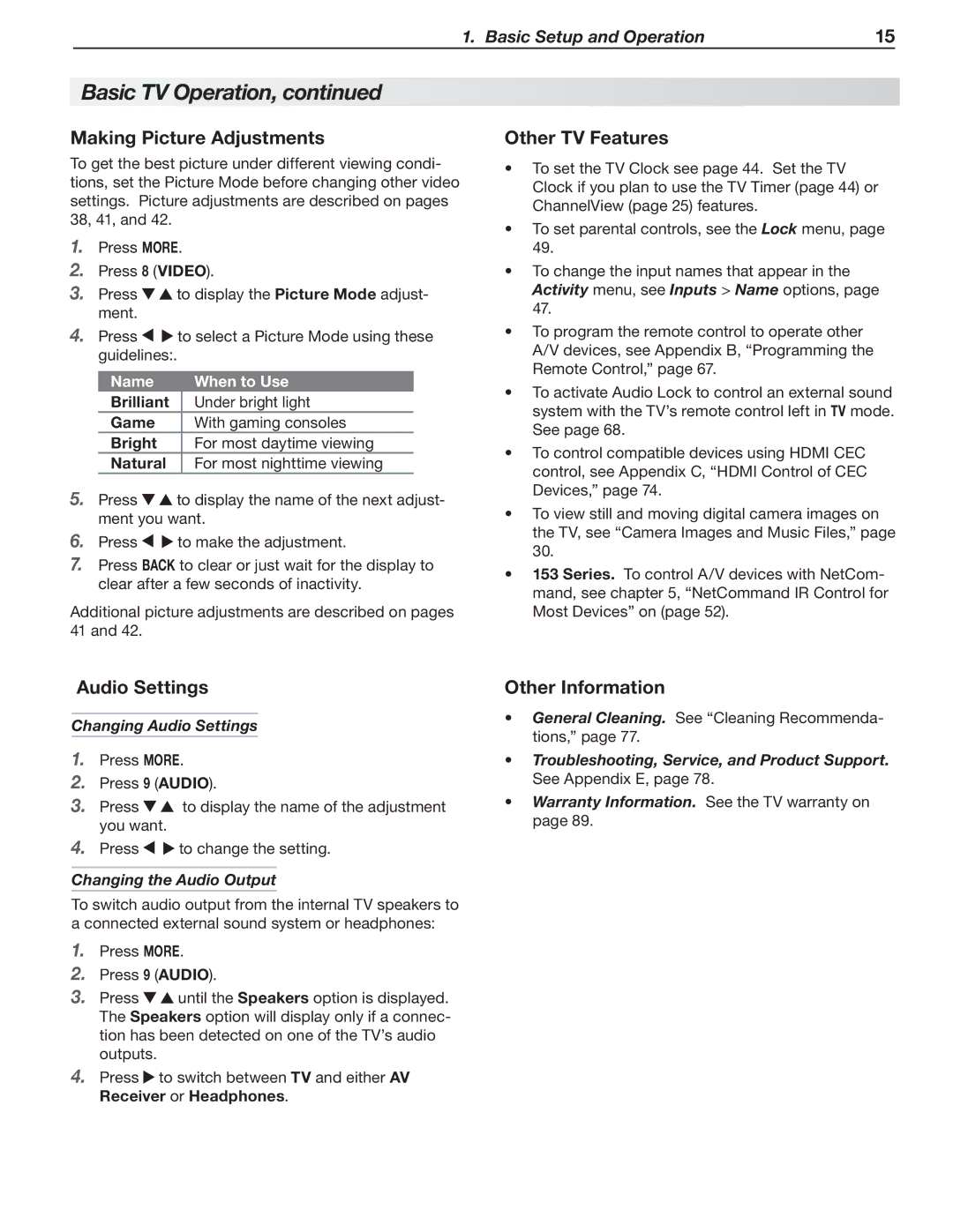 Mitsubishi Electronics LT-40151, LT-40153 Making Picture Adjustments, Audio Settings, Other TV Features, Other Information 