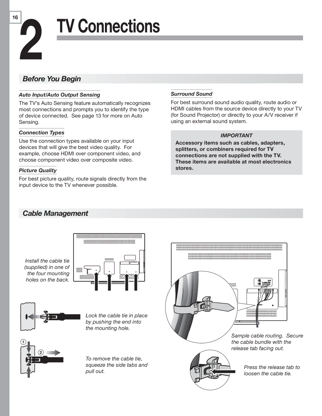 Mitsubishi Electronics LT-52153 manual Cable Management, Auto Input/Auto Output Sensing, Connection Types, Picture Quality 