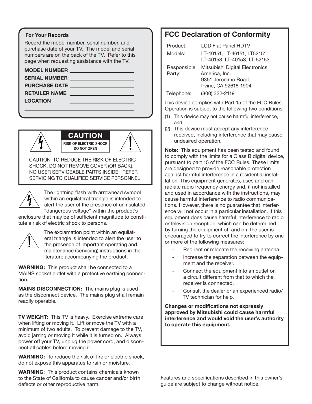 Mitsubishi Electronics LT-46153, LT-40153, LT-46151, LT-40151, LT-52153 manual FCC Declaration of Conformity, For Your Records 