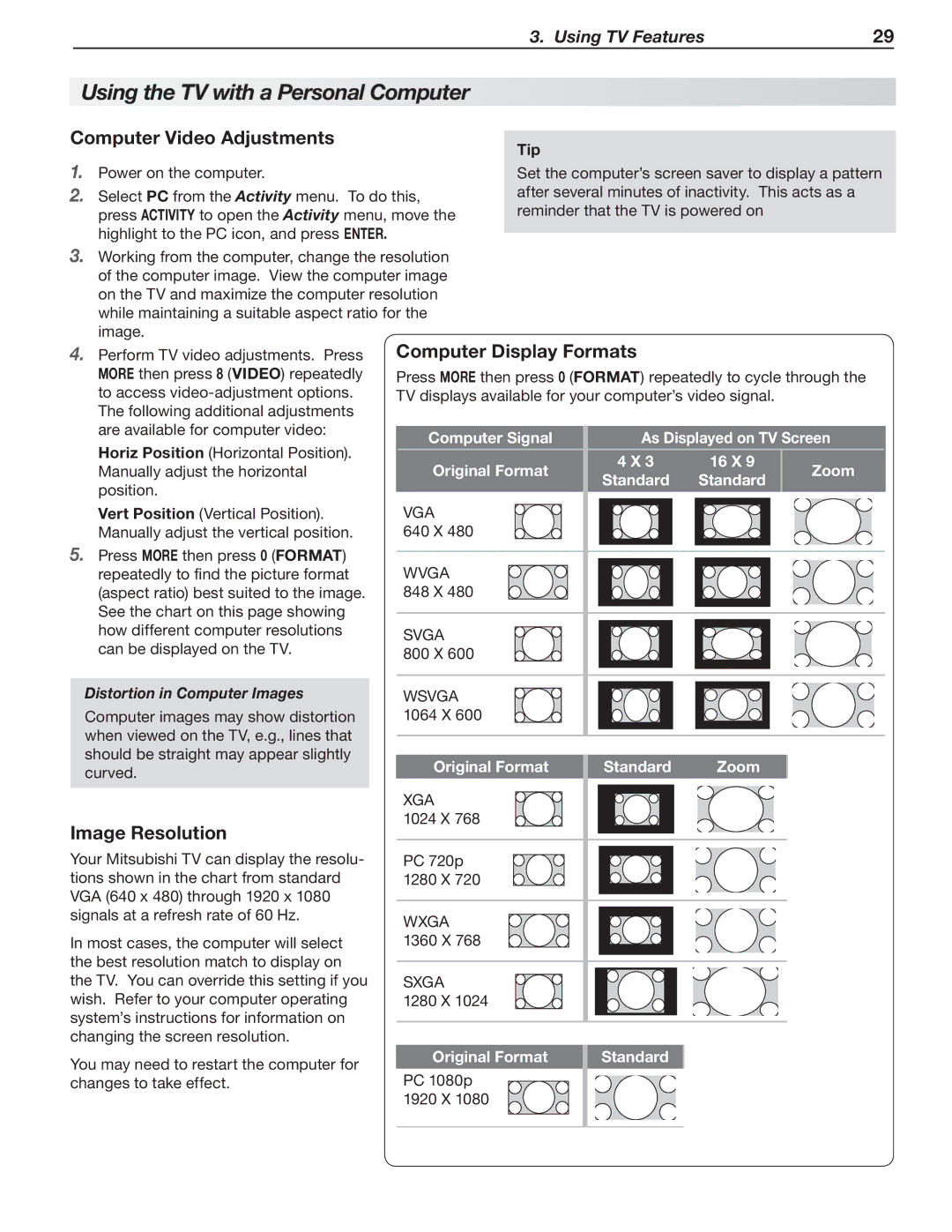 Mitsubishi Electronics LT-52151 manual Using the TV with a Personal Computer, Computer Video Adjustments, Image Resolution 