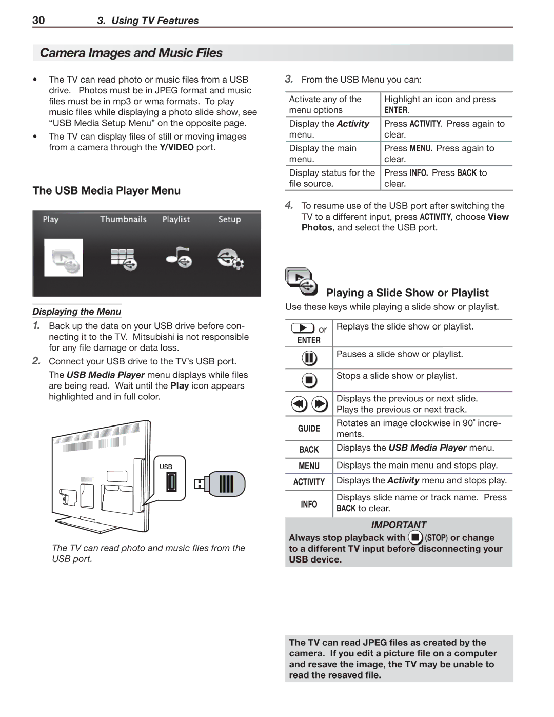 Mitsubishi Electronics LT-40153 Camera Images and Music Files, USB Media Player Menu, Playing a Slide Show or Playlist 