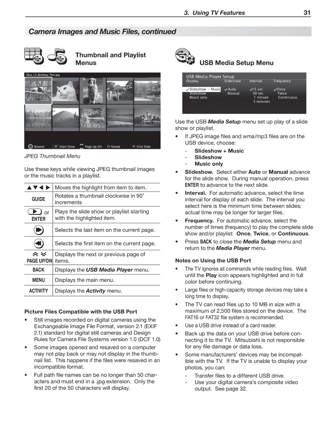 Mitsubishi Electronics LT-46151, LT-40153, LT-46153, LT-40151, LT-52153 Thumbnail and Playlist Menus USB Media Setup Menu 