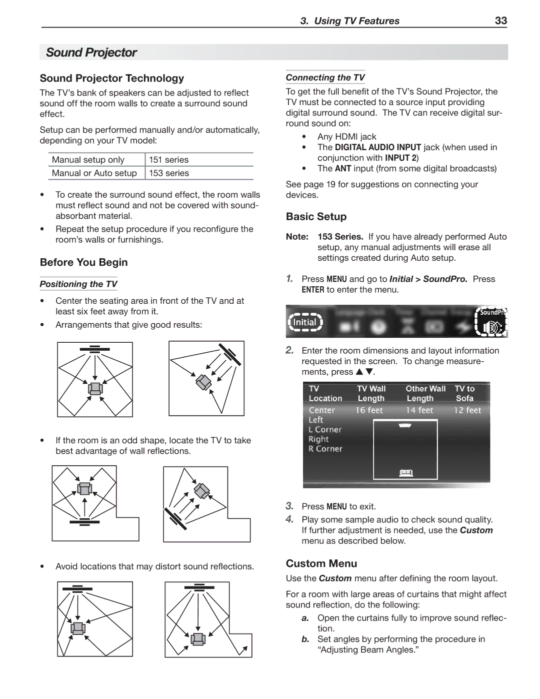 Mitsubishi Electronics LT-40151, LT-40153 manual Sound Projector Technology, Before You Begin, Basic Setup, Custom Menu 