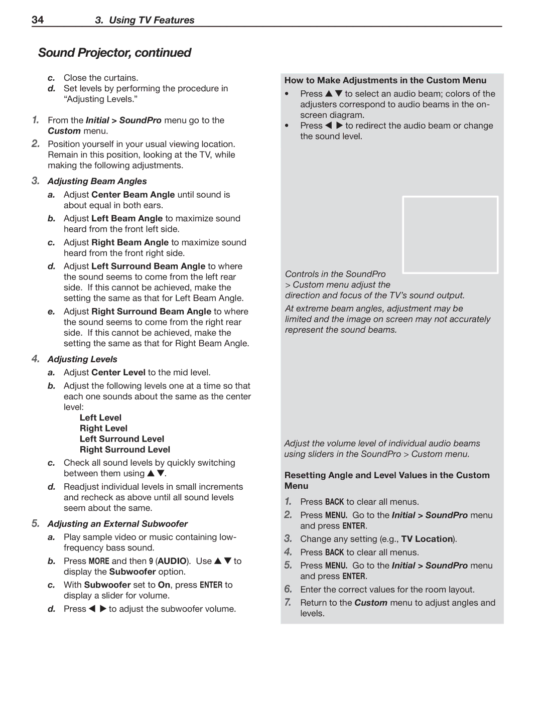 Mitsubishi Electronics LT-52153 Custom menu, Adjusting Beam Angles, Adjusting Levels, Adjusting an External Subwoofer 