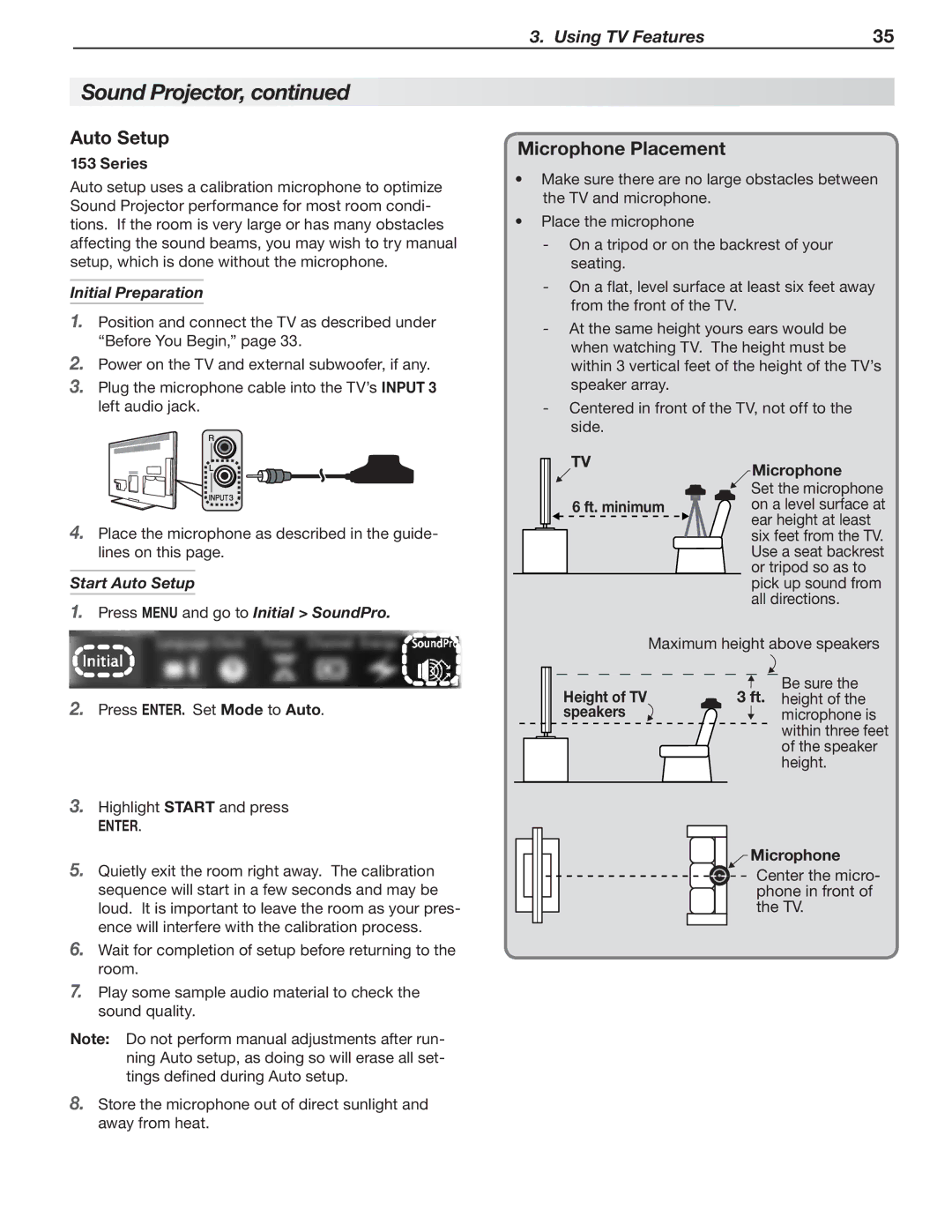 Mitsubishi Electronics LT-52151, LT-40153 Auto Setup, Microphone Placement, Initial Preparation, Height of TV speakers 