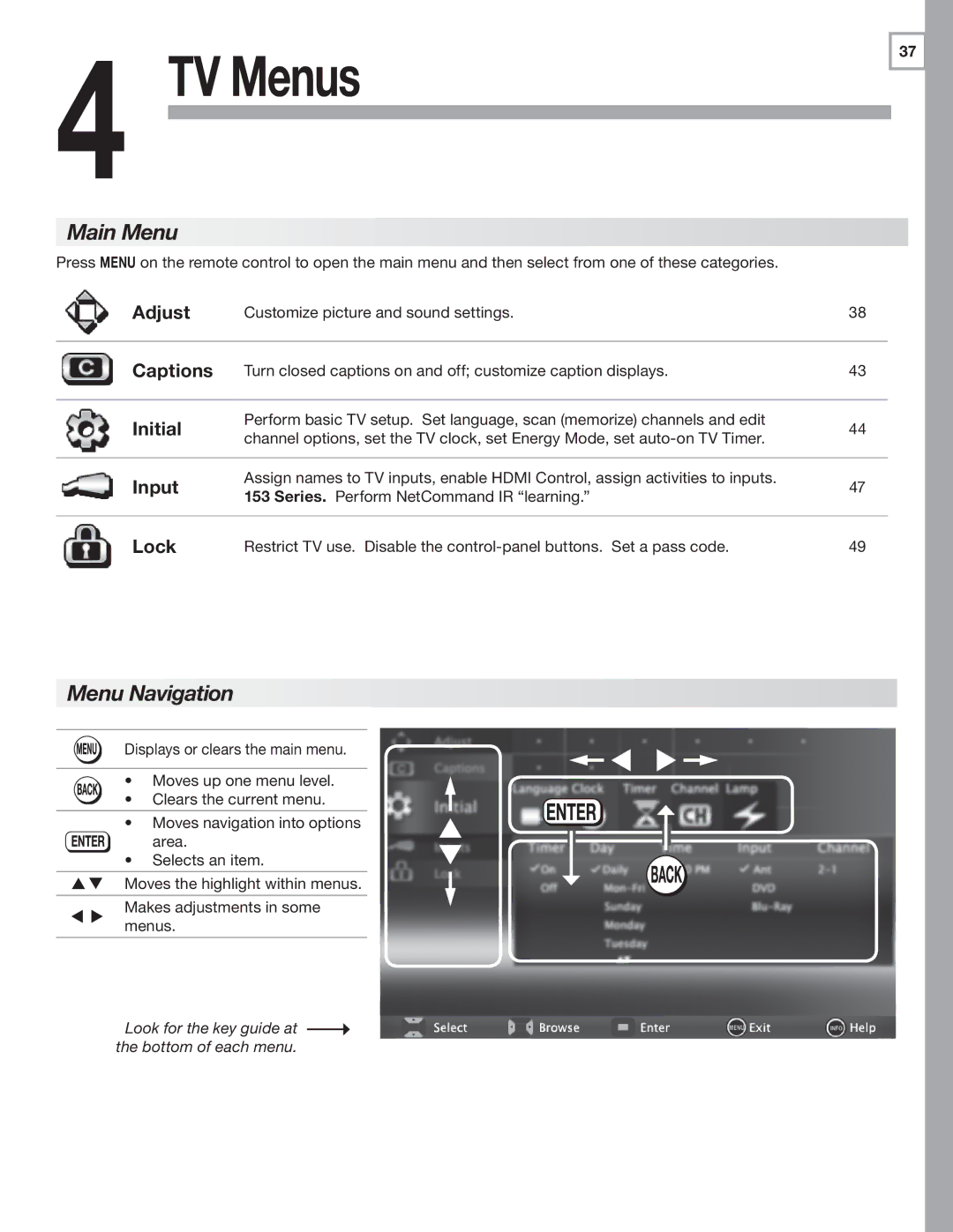 Mitsubishi Electronics LT-46151, LT-40153, LT-46153, LT-40151, LT-52153, LT-52151 manual Main Menu, Menu Navigation 