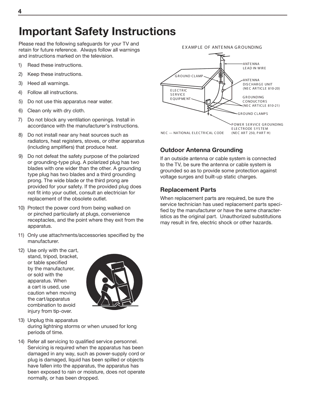 Mitsubishi Electronics LT-52153, LT-40153, LT-46151, LT-46153, LT-40151, LT-52151 Outdoor Antenna Grounding, Replacement Parts 