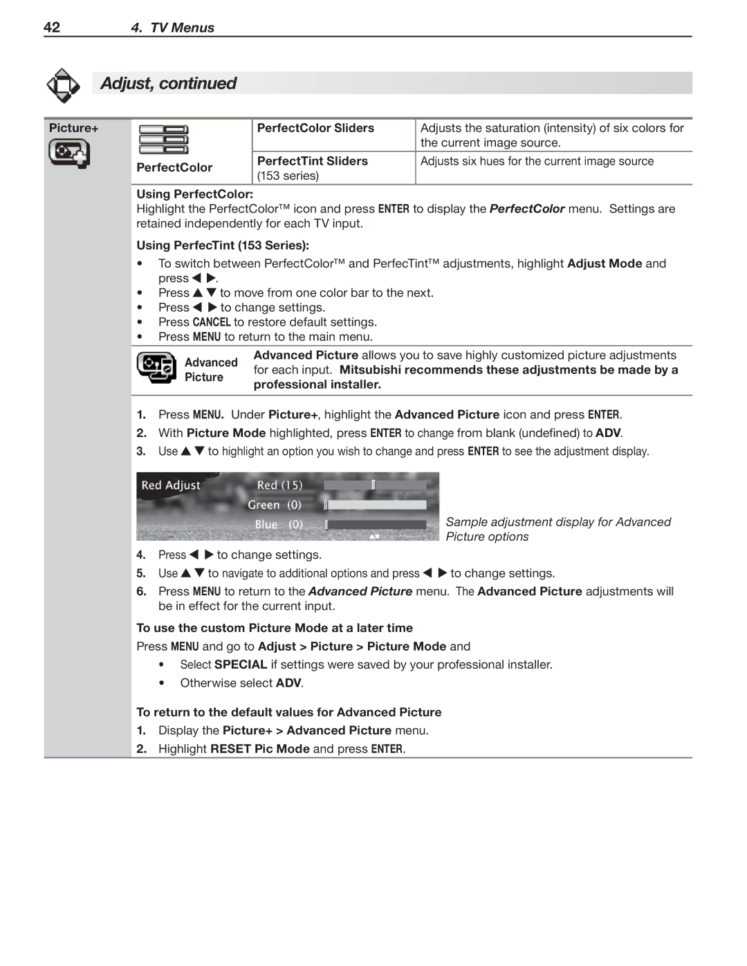 Mitsubishi Electronics LT-40153 manual Picture+ PerfectColor PerfectColor Sliders, PerfectTint Sliders, Using PerfectColor 