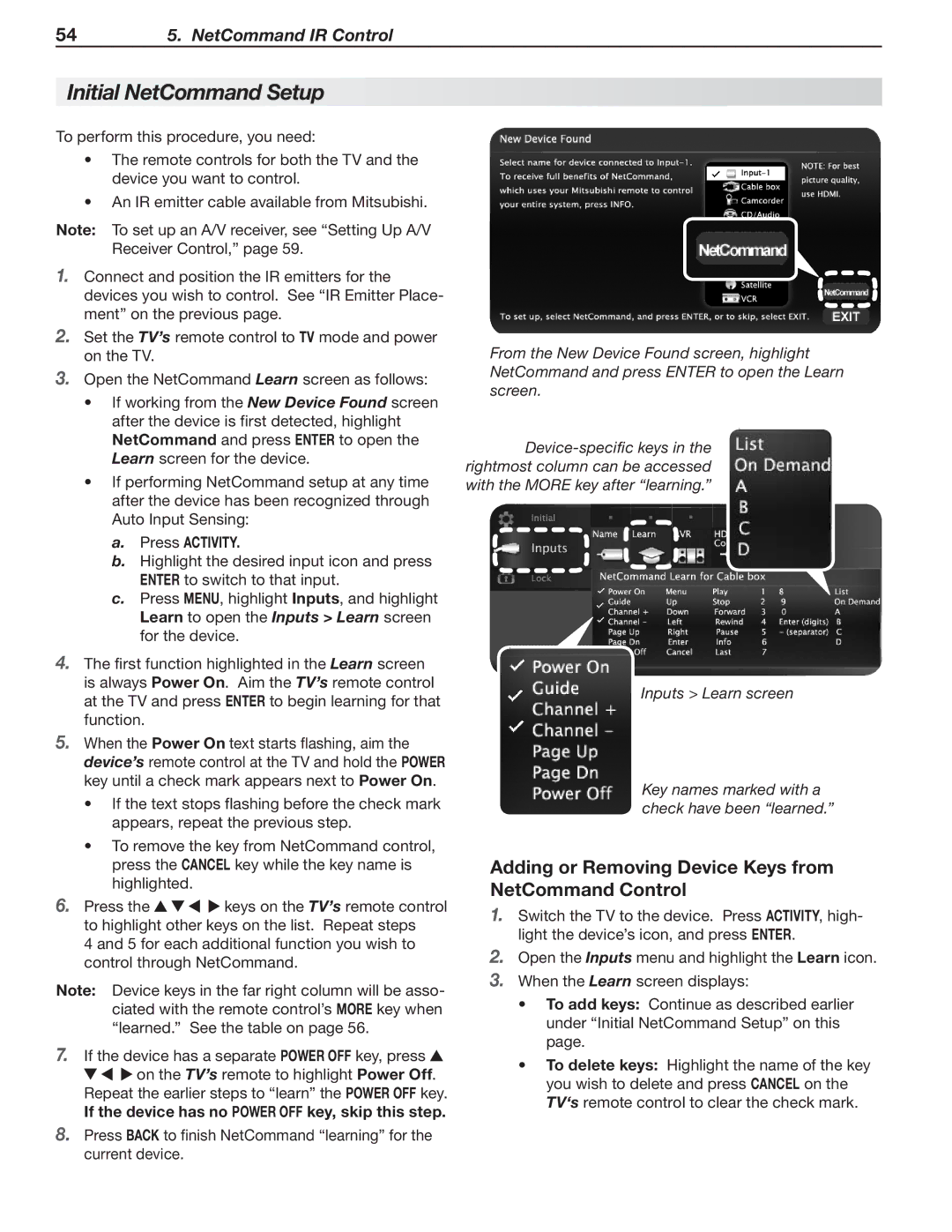 Mitsubishi Electronics LT-40153, LT-46151 Initial NetCommand Setup, Adding or Removing Device Keys from NetCommand Control 