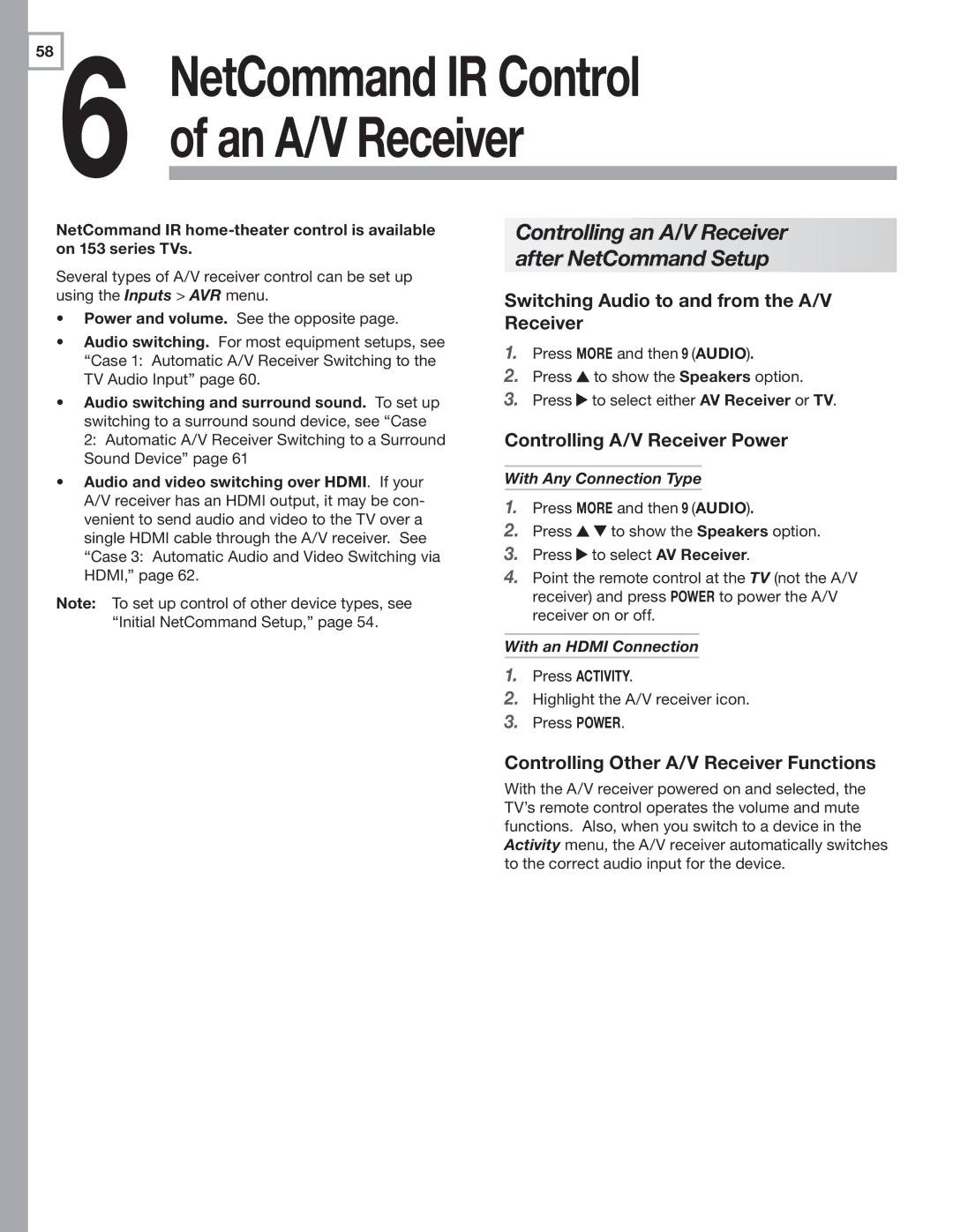 Mitsubishi Electronics LT-52153, LT-40153 Switching Audio to and from the A/V Receiver, Controlling A/V Receiver Power 