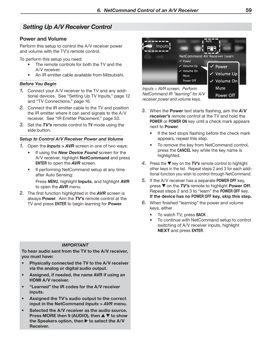 Mitsubishi Electronics LT-52151, LT-40153, LT-46151 Setting Up A/V Receiver Control, Power and Volume, Before You Begin 