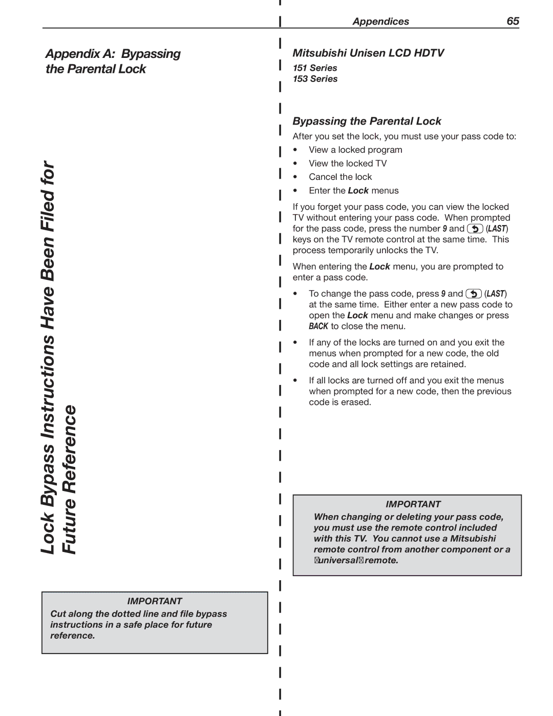 Mitsubishi Electronics LT-52151, LT-40153, LT-46151, LT-46153 manual Mitsubishi Unisen LCD Hdtv, Bypassing the Parental Lock 