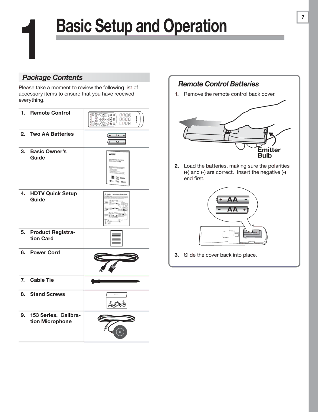 Mitsubishi Electronics LT-46151, LT-40153, LT-46153, LT-40151, LT-52153, LT-52151 Package Contents, Remote Control Batteries 