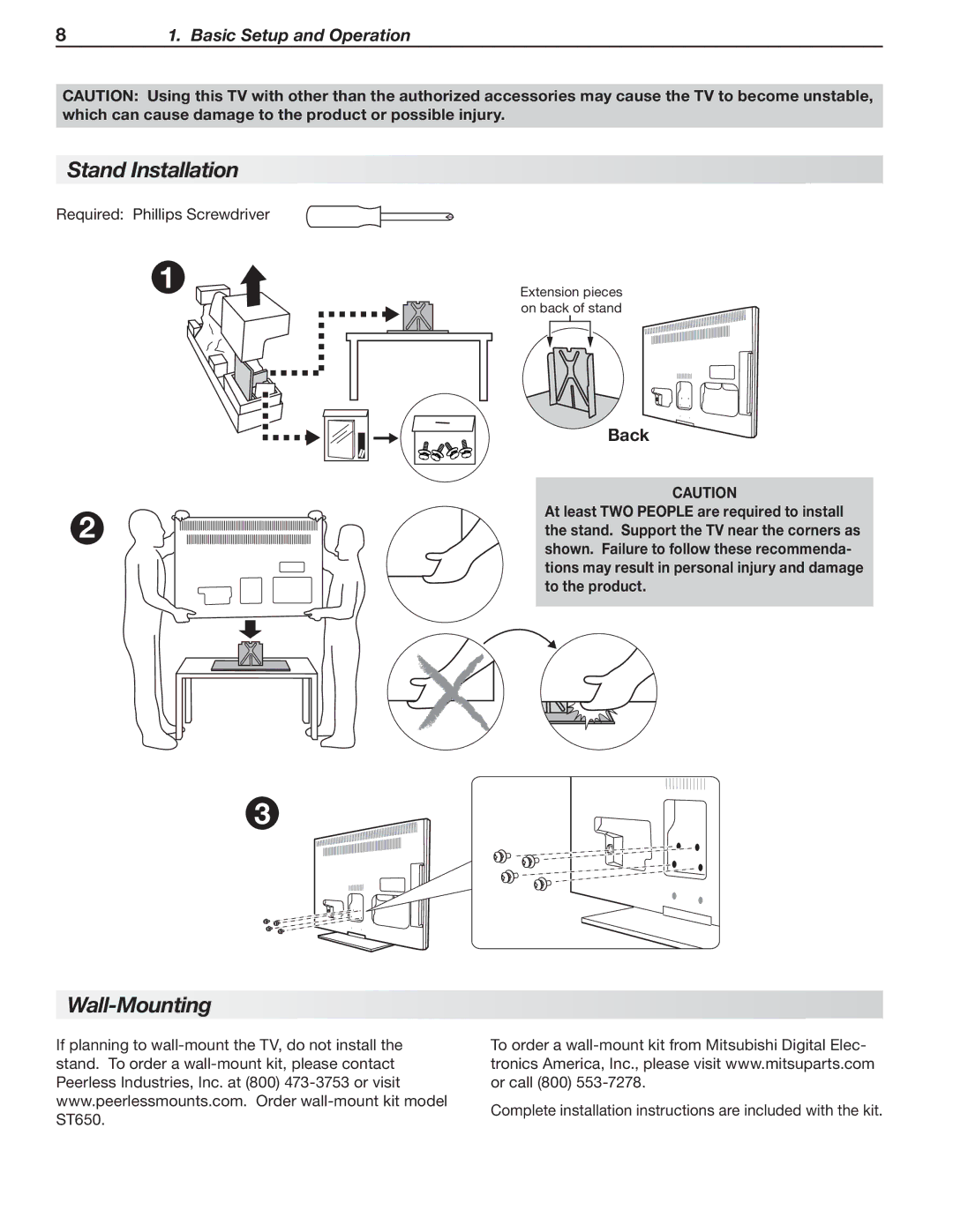 Mitsubishi Electronics LT-46153, LT-40153, LT-46151, LT-40151, LT-52153, LT-52151 manual Stand Installation, Wall-Mounting 