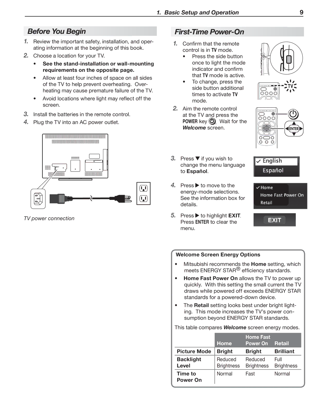 Mitsubishi Electronics LT-40151, LT-40153 Before You Begin, First-Time Power-On, Welcome screen, Home Fast Power On Retail 