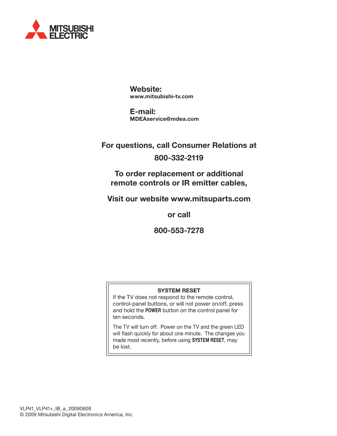 Mitsubishi Electronics LT-52153, LT-40153, LT-46151, LT-46153, LT-40151, LT-52151 manual MDEAservice@mdea.com, System Reset 