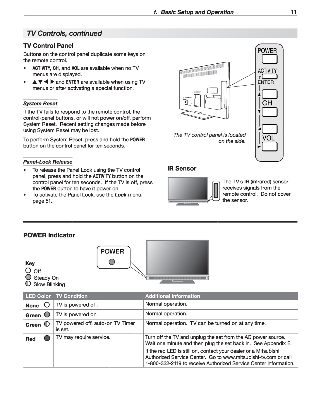 Mitsubishi Electronics LT-52151 TV Controls, continued, TV Control Panel, IR Sensor, POWER Indicator POWER, System Reset 