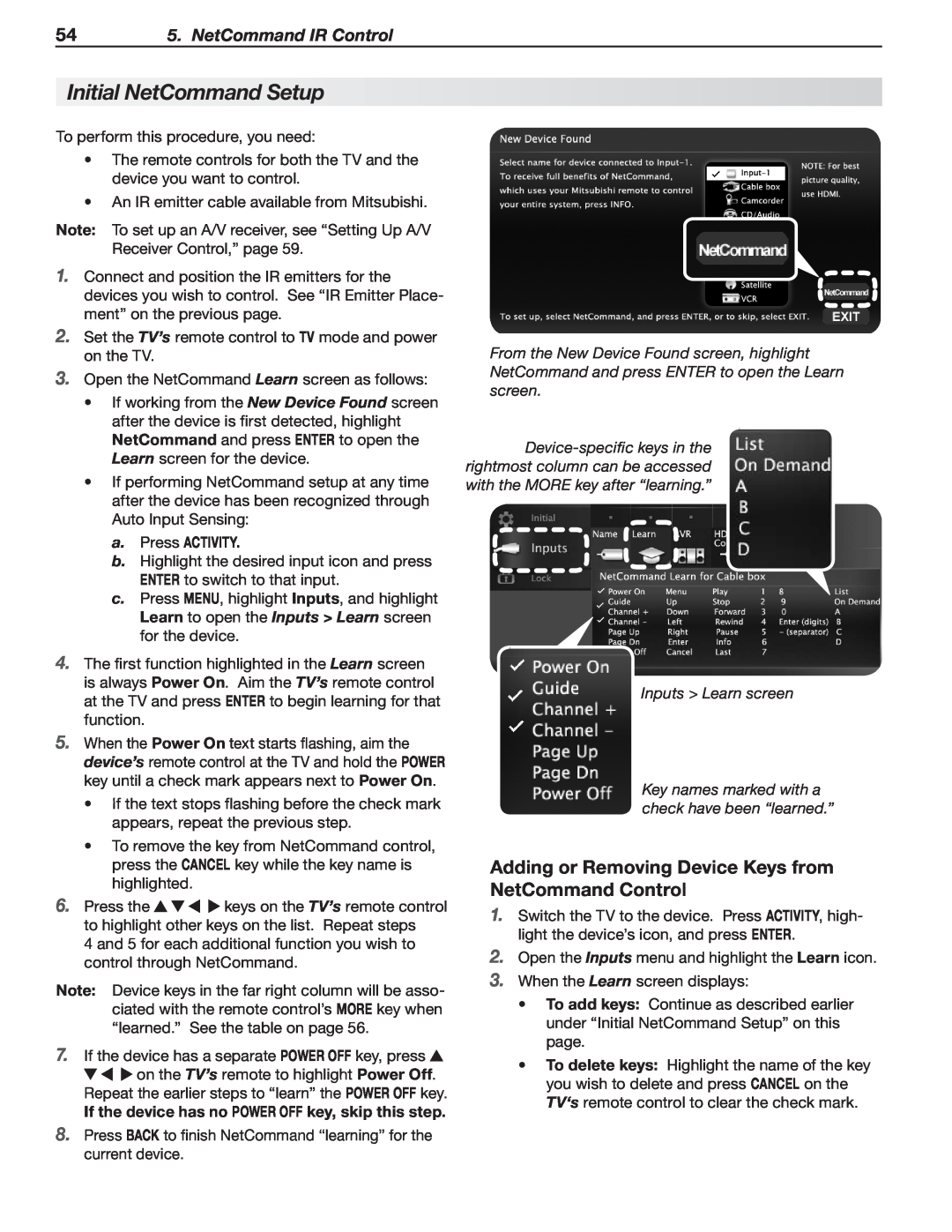 Mitsubishi Electronics LT-40153, LT-46151 Initial NetCommand Setup, Adding or Removing Device Keys from NetCommand Control 