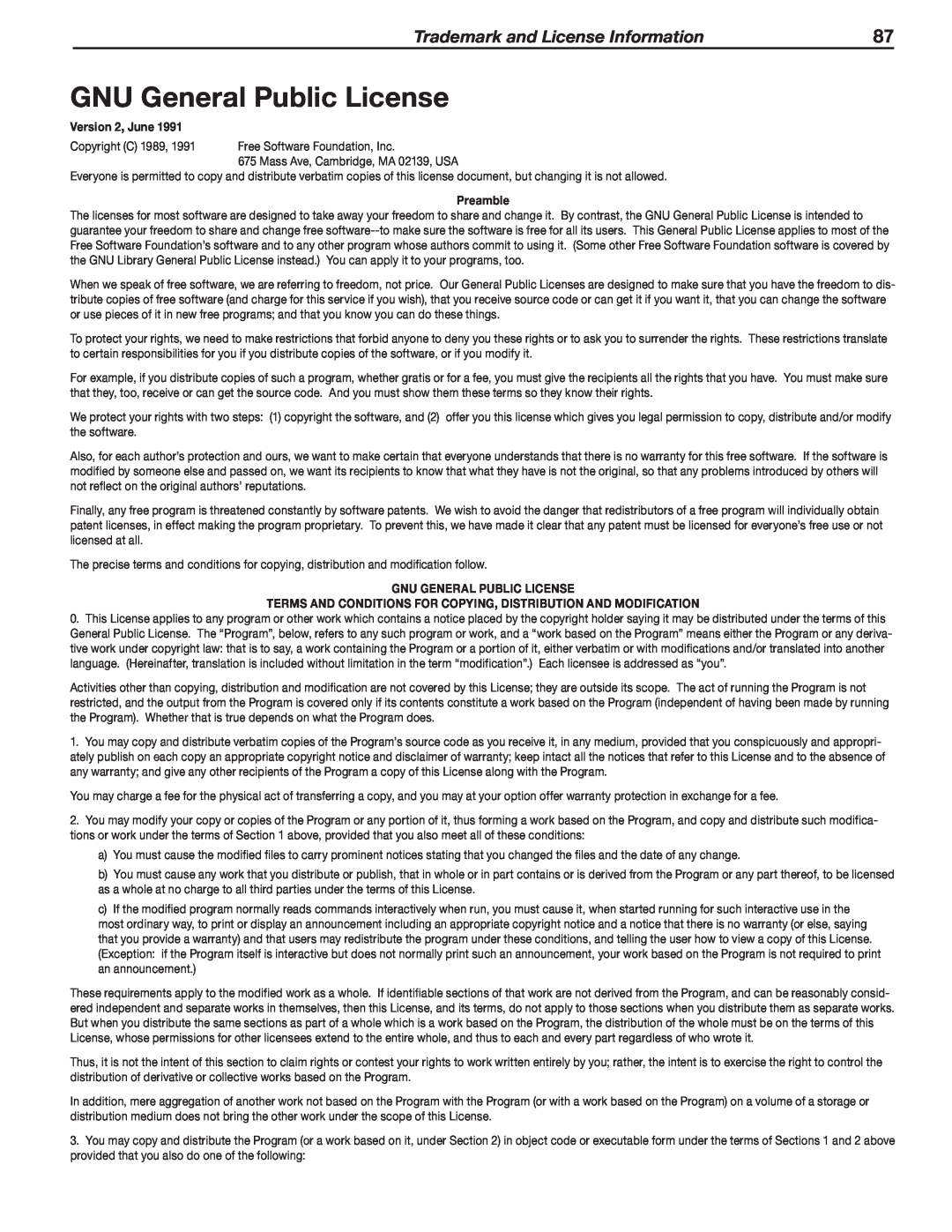 Mitsubishi Electronics LT-40151 GNU General Public License, Trademark and License Information, Version 2, June, Preamble 