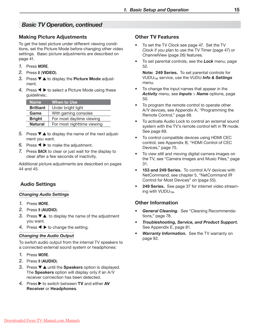 Mitsubishi Electronics LT-46249, LT-40153 Making Picture Adjustments, Audio Settings, Other TV Features, Other Information 