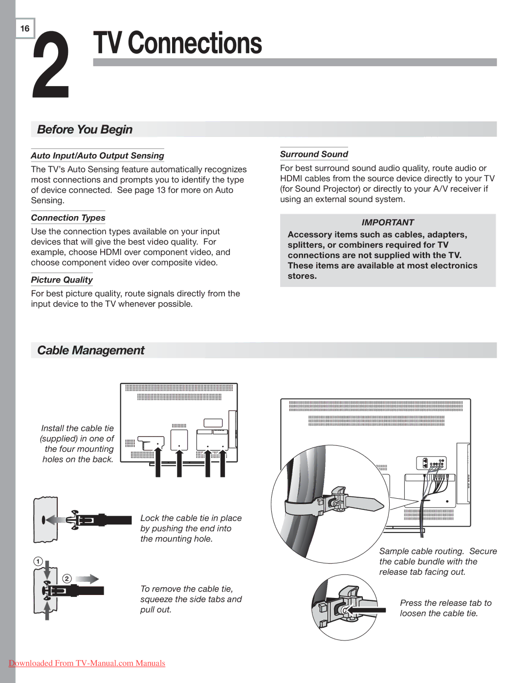 Mitsubishi Electronics LT-40153 manual Cable Management, Auto Input/Auto Output Sensing, Connection Types, Picture Quality 