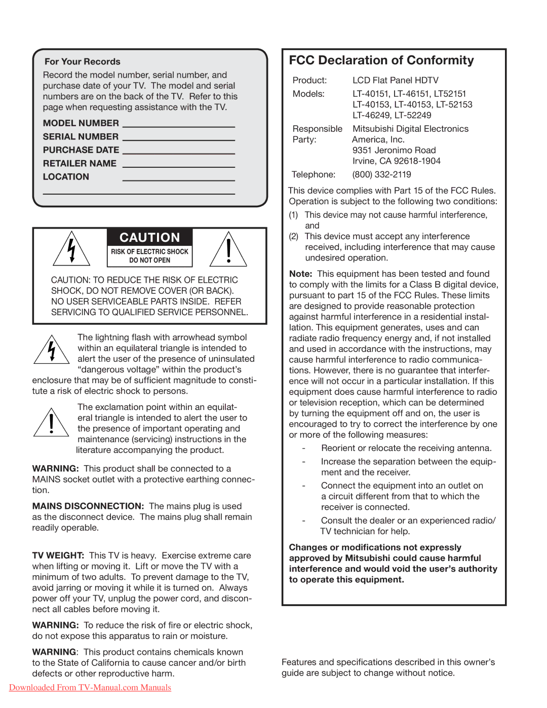 Mitsubishi Electronics LT-46153, LT-40153, LT-46151, LT-40151, LT-52249 manual FCC Declaration of Conformity, For Your Records 