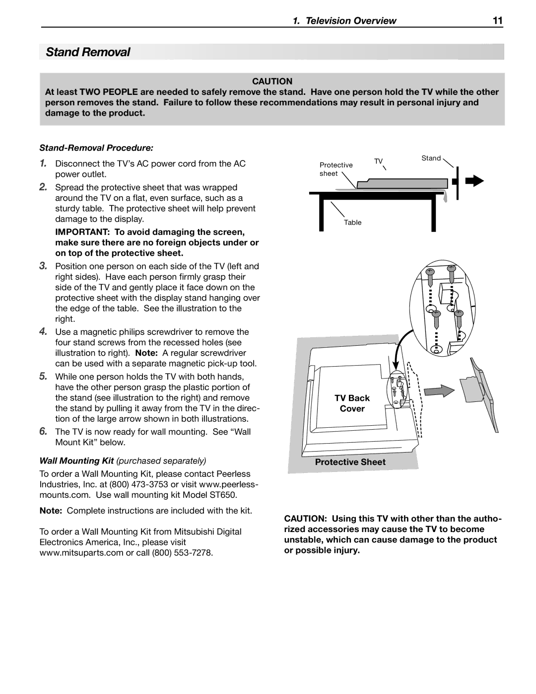 Mitsubishi Electronics LT-40148, LT-46148, LT-52246 Stand Removal, Stand-Removal Procedure, TV Back Cover Protective Sheet 