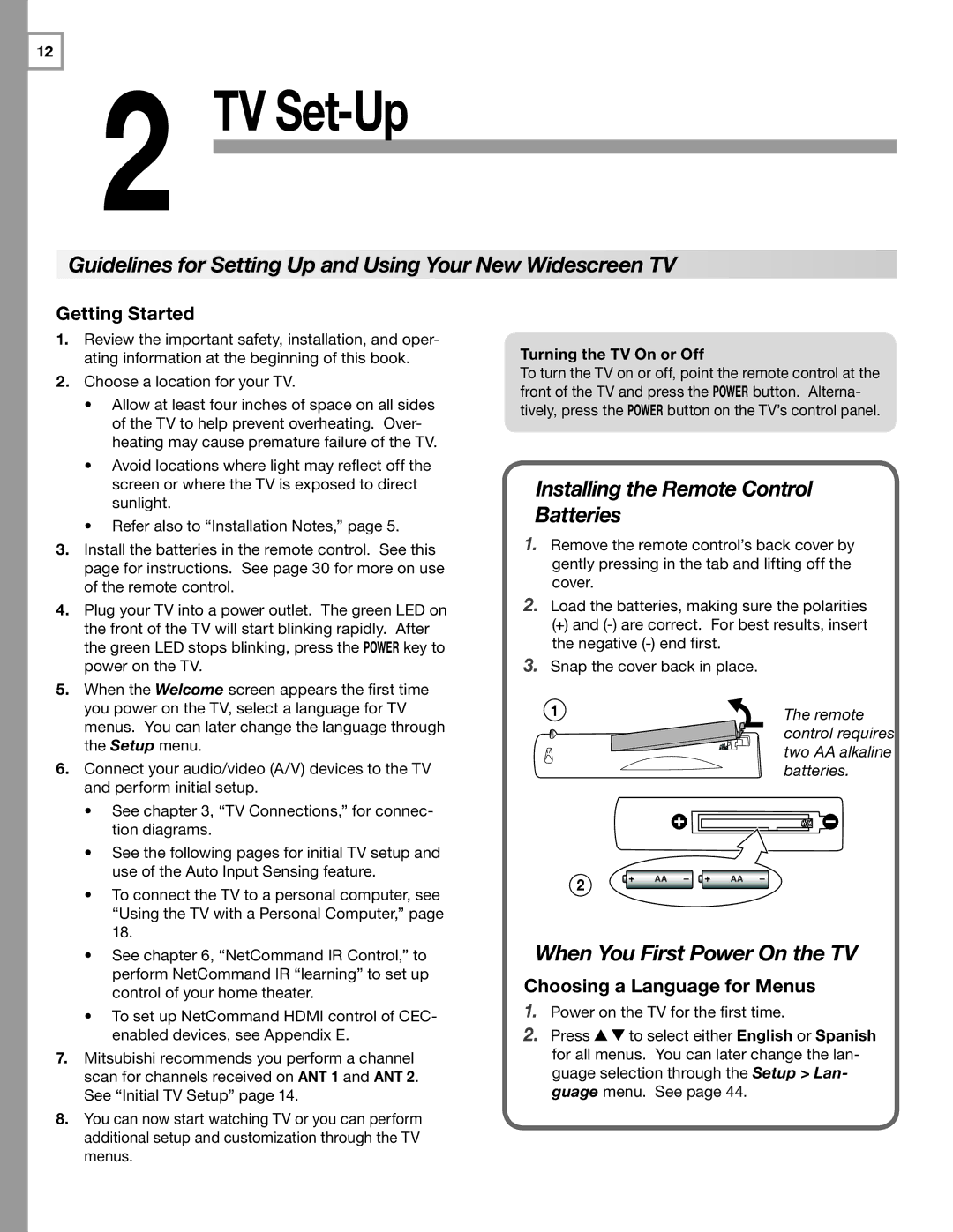 Mitsubishi Electronics LT-52246 Guidelines for Setting Up and Using Your New Widescreen TV, When You First Power On the TV 