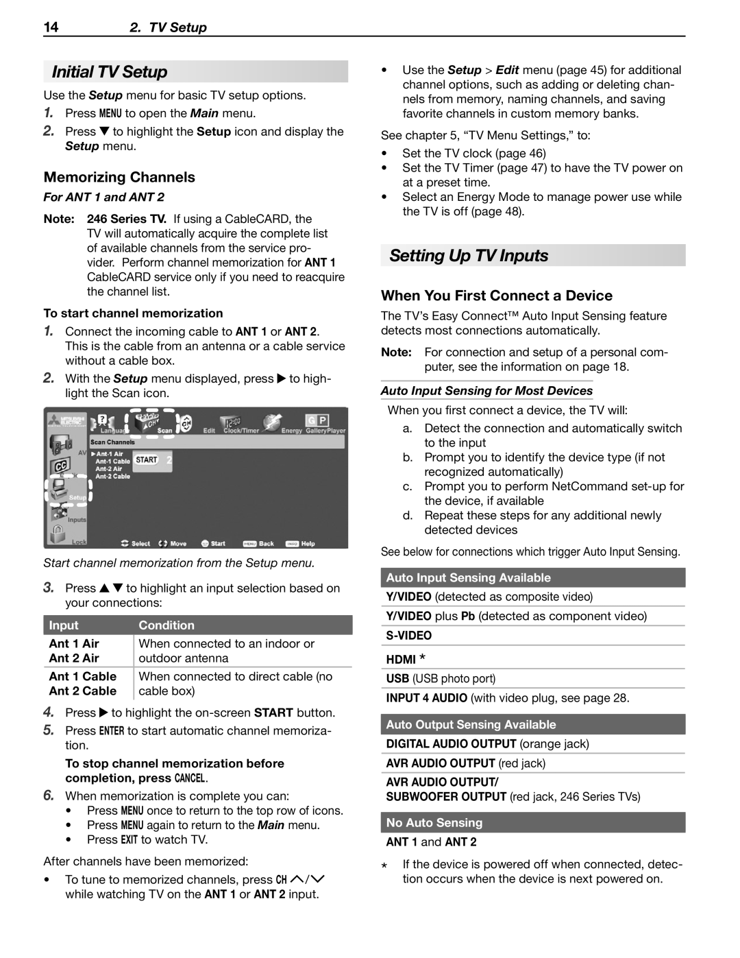 Mitsubishi Electronics LT-52148, LT-46148, LT-40148, LT-52246 Initial TV Setup, Setting Up TV Inputs, Memorizing Channels 