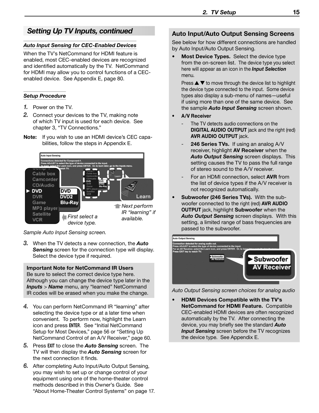 Mitsubishi Electronics LT-46148 manual Auto Input/Auto Output Sensing Screens, Auto Input Sensing for CEC-Enabled Devices 