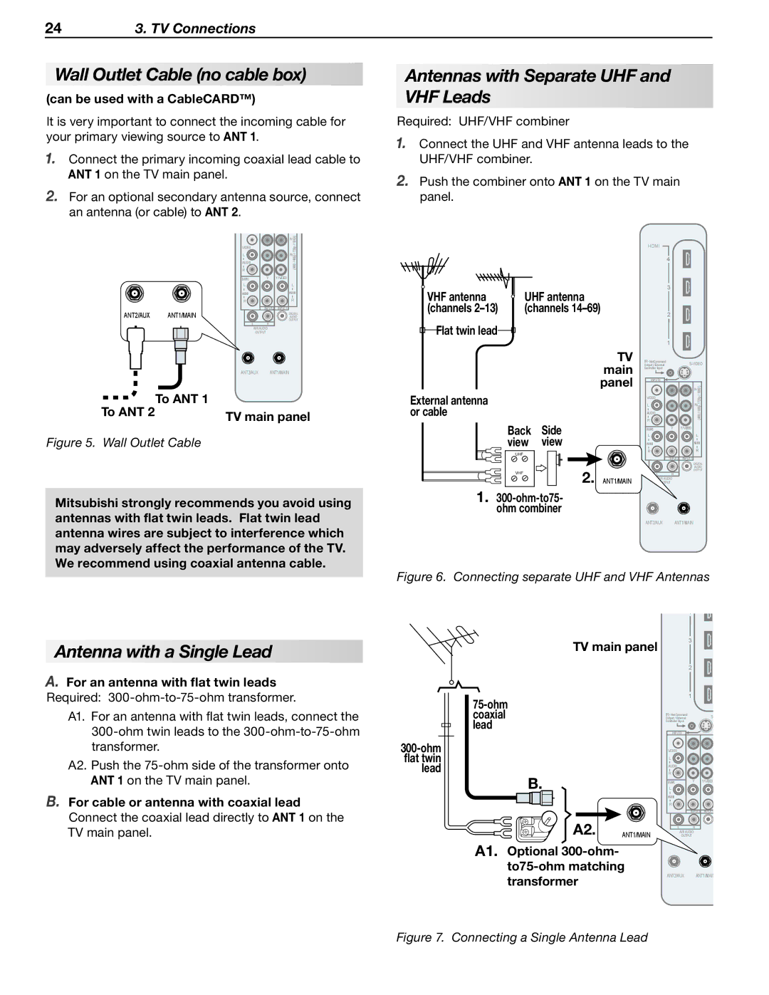 Mitsubishi Electronics LT-52148, LT-46148 manual Wall Outlet Cable no cable box, Antennas with Separate UHF and VHF Leads 