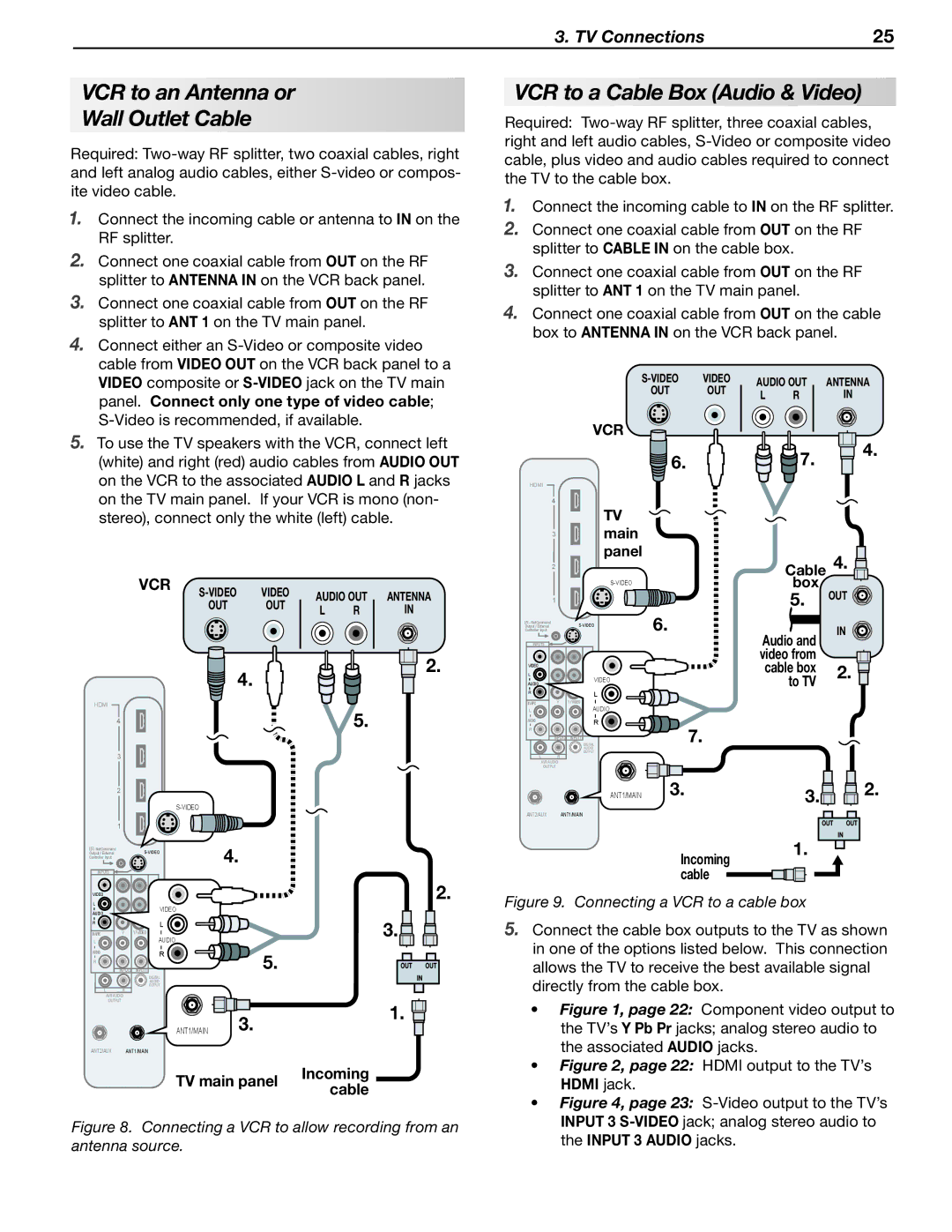 Mitsubishi Electronics LT-46148, LT-40148 VCR to an Antenna or Wall Outlet Cable, VCR to a Cable Box Audio & Video, Vcr 